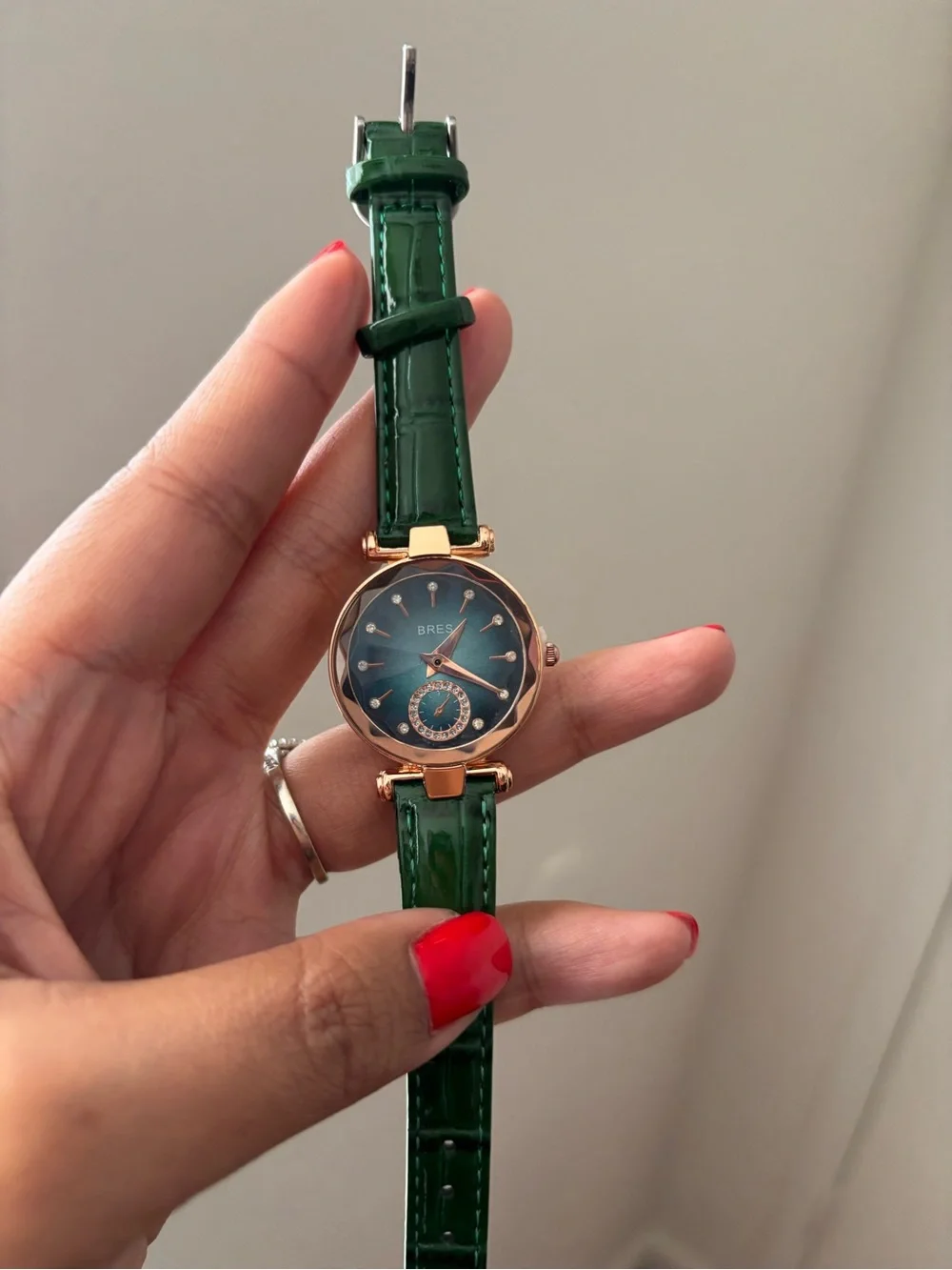 Green Patent Leather Strap Women's Watch with Rose Gold Case